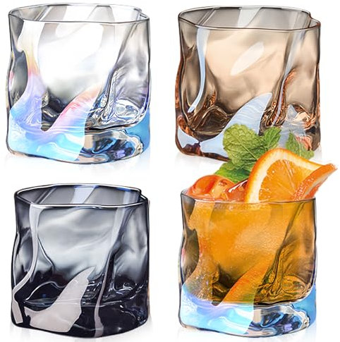 Juego de 4 vasos de whisky de 200 ml, irregulares de whisky, plegables, vasos de whisky de doble bourbon, cristal irregular, para papá, marido, amigos