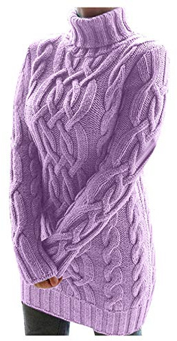 Strickpullover Damen, Lang Rollkragenpullover Damen Cable Grobstrick Pullover Warm Strickpullover Elegant Langarm Pulli Oversize Alpaka Kleider Sweater Winter Hohe Taille Norweger-Pullover Casual WOL