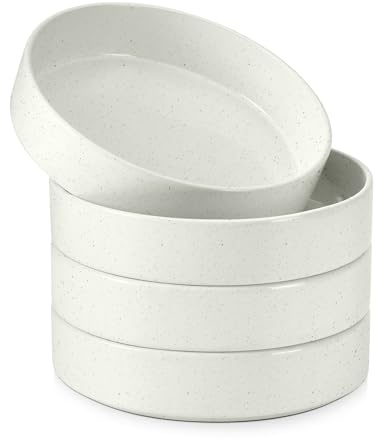 E-far Pasta Bowls Set of 4, 35oz Ceramic Large Salad Bowl Plates for Serving Soup Dinner, Shallow Stoneware Pasta Plate, Microwave & Dishwasher Safe, Speckled White