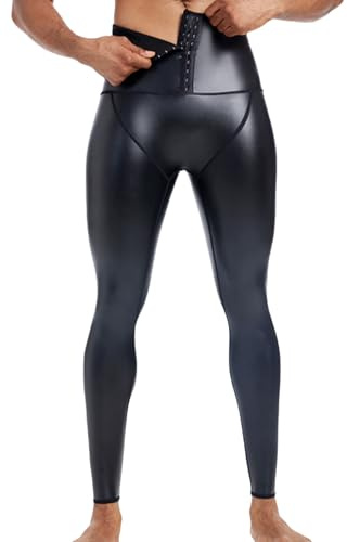 Ausing Pantalon PU Cuir pour Homme Legging Sport avec Taille Haute Collant de Compression Stretch Legging Sport Homme Costume Cosplay Costume Carnaval Halloween Noir L
