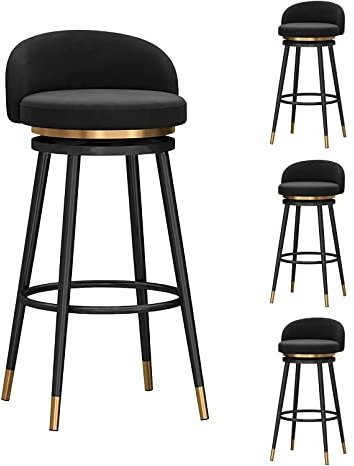 Farmhouse Küchen-Barhocker, 4er-Set, mit Rückenlehne und Samt, gepolsterte Sitzfläche, Thekenhöhe, 360° Drehhocker mit schwarzen Metallbeinen, 65 cm Höhe, Schwarz