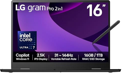 LG gram Pro 2in1 16T90TP - 16 Inch 2.5K IPS Touchscreen 144Hz VRR, Ultra-Lightweight 2-in-1 Laptop, Intel Core Ultra 7 255H, 16GB RAM, 1TB SSD, Windows 11 Home, gram Hybrid AI, Copilot, Black (2025)