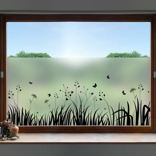 dktie Fensterfolie Blickdicht Sichtschutzfolie Fenster Milchglasfolie Reines Schwarz Gras, Löwenzahn Statisch Haftend ohne Klebstoff Wiederverwendbar Geeignet für Schlafzimmer, Küche 90x200cm