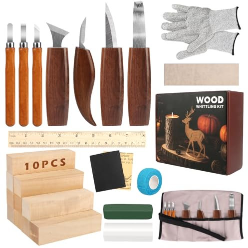 KUOFANY 26-teiliges Schnitzwerkzeug Holz Schnitzset, HolzSchnitzset Carving Kit, Schnitzmesser Set für Anfänger, Holzschnitzwerkzeug Geschenk mit Handschuhe, Lindenholz und Anspitzer