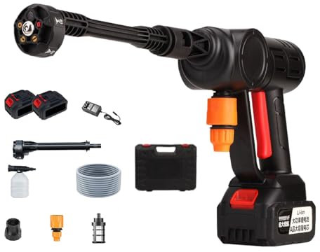 Hidrolimpiadora de Alta Presion Inalámbrica, 435 PSI Pistola de Agua a Presión Portati, Boquilla 6 en 1, Manguera de 10M, Pulverizador de Espuma, 21V Lavadora a Presión Sin Cable con 2 x Baterías