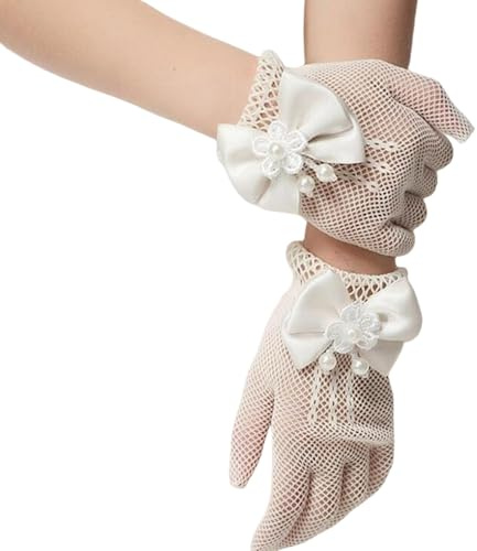 AMateschitz Guanti a rete con fiocco, in pizzo, eleganti guanti corti da principessa, per matrimoni, banchetti e feste, beige., Taglia Unica