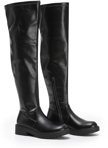 VIVASHOES Women's Black Over The Knee High Flat Riding Boots Stretch – Faux Leather Winter Booties for Women, Slip-Resistant Chunky Sole, Low Heel Comfort Shoes – Stylish Everyday Tall Boots - Black 7