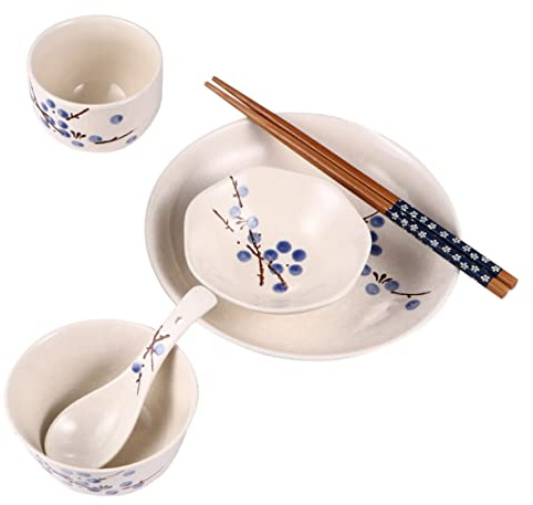 Healifty Japanese Style Ceramic Dinnerware Set for One Person, 6pcs Porcelain Tableware Including Bowl, Plate, Cup, Spoon, and Chopsticks, Blue Plum Pattern, Household Dining Set