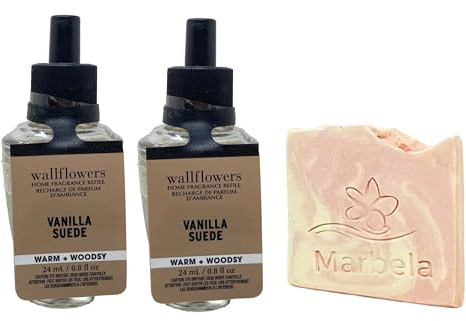 Bath & Body Works Vanilla Suede Wallflowers Fragrance Refill 2 Pack with a Himalayan Salts Springs Sample Soap.