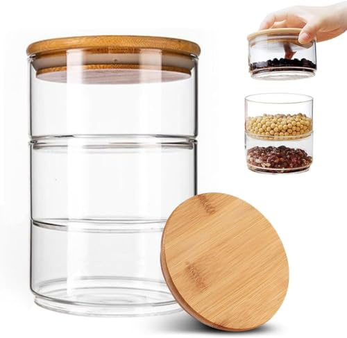 Umllpet Stapelbare Aufbewahrung Luftdicht Vorratsgläser, Vorratsdosen Glas Set, Bambusdeckel Spice Jars, Grosse Glasbehälter Gewürzgläser Aufbewahrungsgläser Küche für Gewürze, Müsli, Kaffeebohnen
