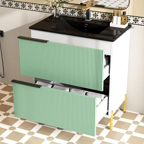 NADEUSAK Mobile lavabo da bagno verde, 80 x 90 cm, con lavabo in ceramica, lavabo singolo con cassetti in MDF