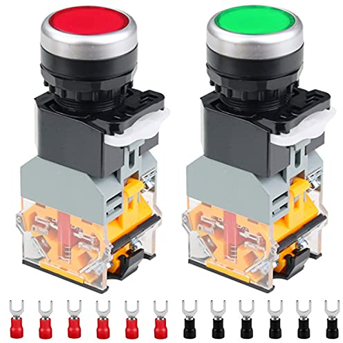 HAAMNING7 2 interruptores pulsadores momentáneos de 24 V y 22 mm, 10 A, 2 colores (rojo/verde), LA38-11DN, 1 NO, 1 NC, LED, para bricolaje, con 12 terminales de horquilla.
