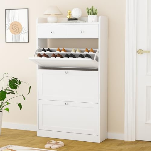 VOWNER Schuhschrank Schmal Schuhregal 80x24x140cm (Weiss) | mit 3 Klappen, Zwei Schubladen, verstellbarer Schuhablage & Anti-Kipp für Flur