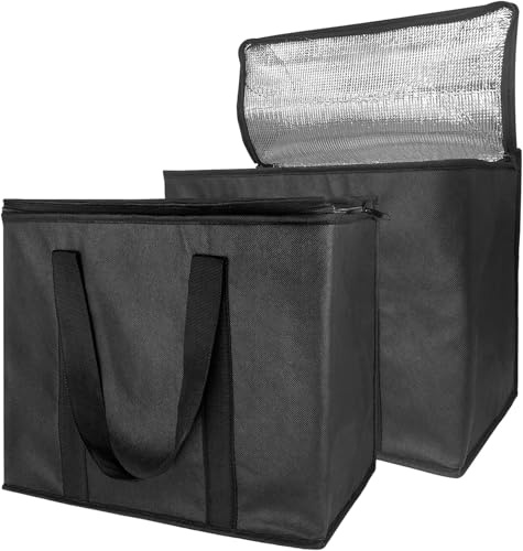 Set of 2 XL Large Premium Quality Insulated Collapsible Cooler Bag with Zipper Closure,Reusable Grocery Shopping Bag Keep Food Hot or Cold,Ideal for Uber Eats,Restaurant Food Delivery