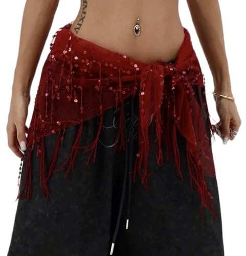 FeMereina Women Belly Dance Sequin Tassel Hip Scarf Triangle Belt Wrap Skirts Music Festival Sheer Mesh Waist Chain (Red, ONE Size)
