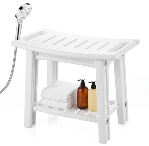 COSTWAY Shower Bench, HDPE Waterproof Bathroom Stool Seat for Inside Shower | Shelf, Handles, Shower Head Holders, Non-Slip Bathtub Showers Chair, 2-Tier Shaving Bath Stool, for Elderly, Adults, White