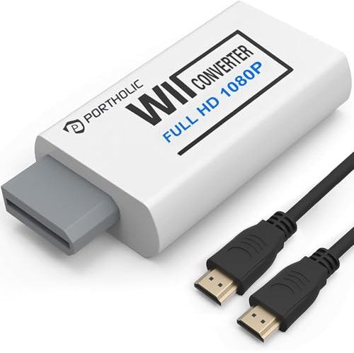 PORTHOLIC Wii Adapter Hdmi,Adapter auf HDMI Konverter mit 1080P/720P Eingang und Ausgang Video und Audio 3,5 mm + HDMI Kabel für alle Anzeigemodi (Weiß)