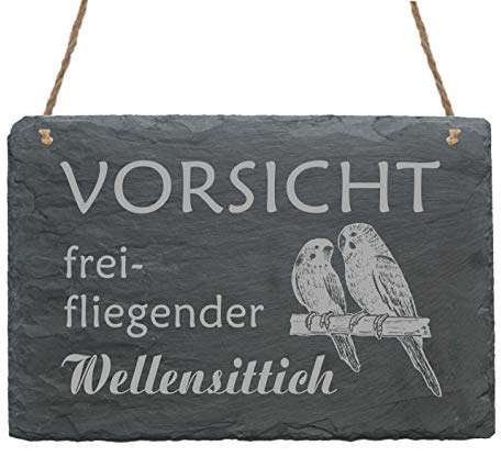 Schiefertafel Vorsicht - FREIFLIEGENDER WELLENSITTICH - 22 x 16 cm