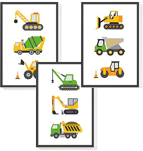 Himmelzucker Premium Wandbilder 3er set für Kinderzimmer Babyzimmer Poster DIN A4 Kinder Kinderposter Junge Mädchen Dekoration Bilder Autos Baustelle Fahrzeuge (Baustellenfahrzeuge) (A4 ohne Rahmen)