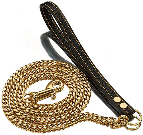 Hundeleine Seil Schwere Edelstahl O-Leine Outdoor-Training Kette Braun Schwarz PU Leder Griff Leine für Mittlere und Große Hunde (Color : Gold 10mm, Size : 60cm)