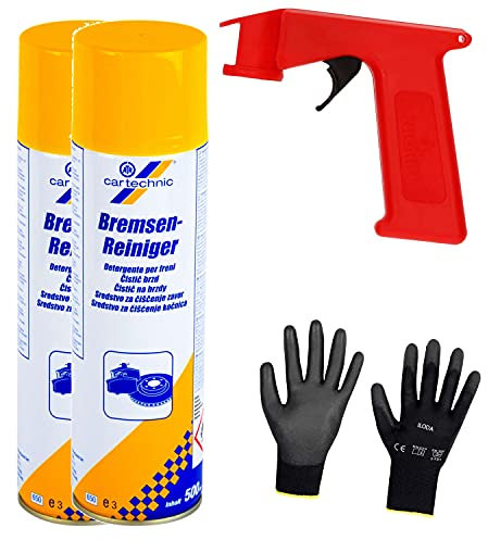 Iloda® Schutzhandschuhe + Sprüh-Pistolengriff (rot oder schwarz) + 2X 500ml cartechnic Bremsenreiniger Spray, Entfetter, Ölentferner, Fettentferner
