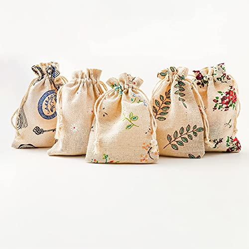 HERZWILD 25pcs Cotton Drawstring Bags 10X14cm Burlap Gifts Bag with Drawstring Fabric Gift Bags for Wedding/Party/Festival/Storage/Decorating/DIY Bag (3.9 x 5.5 inch) (A Type)…
