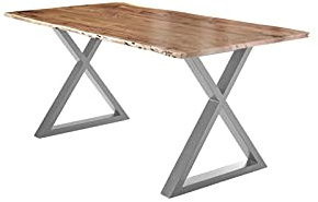 SAM Esstisch 180x90 cm Lubin, Akazienholz naturfarben, Massiver Esszimmertisch mit echter Baumkante, Baumkantentisch mit geschlossenem X-Gestell Silber, 26 mm Tischplatte