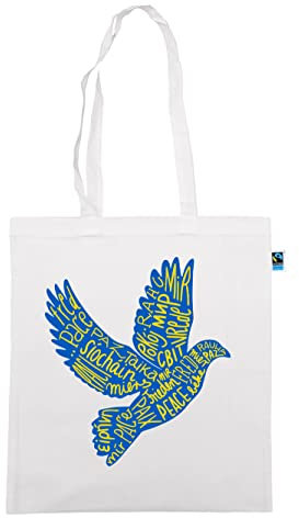 clothinx Friedenstaube in den Farben der Ukraine Stoffbeutel - Peace Motiv - Welt Frieden in verschiedenen Sprachen - Bio & Fair Baumwolle lange Henkel Weiß/Blau