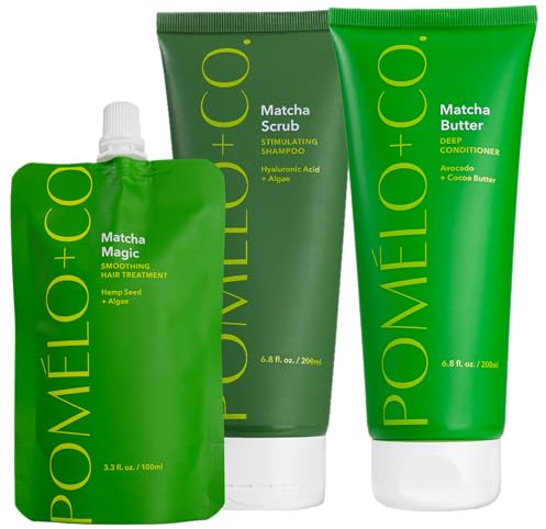 Pomélo+Co. Matcha Trio: Haarmaske, Shampoo + Conditioner – reichhaltige Pflege mit der Kraft des Grüntees– veganes* Haarpflege-Set mit Peeling-Effekt für alle Haartypen