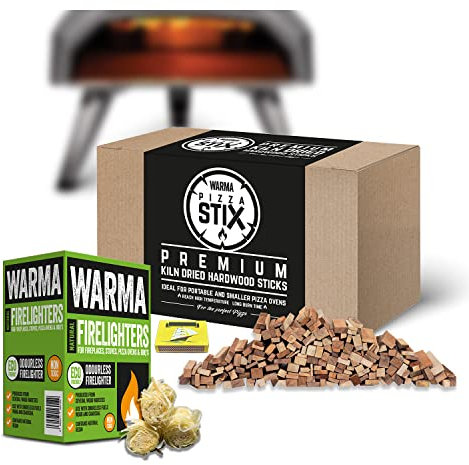 1 x 4.5kg Box Oak Warma Pizza Stix Bundle Mini Hardwood Kiln Dried Kindling Sticks w/Eco Wood Wool Firelighters & Matches - For Ooni Uuni Nero Dellonda Pizza Ovens Camping BBQ Wood Burner Stoves