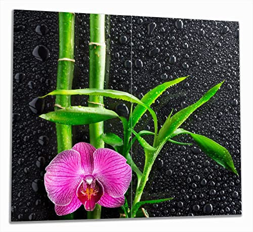 Wallario Herdabdeckplatte/Spritzschutz aus Glas, 2-teilig, 60x52cm mit 8mm hohen Füßen, für Ceran- und Induktionsherde, Bambus und Pinke Orchidee auf schwarzem Glas mit Regentropfen