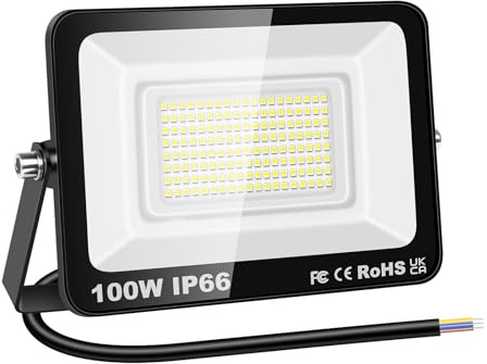 RIGIDON 1x 100W 10000lm focos led exterior, luz de seguridad, blanco frío | sin enchufe, IP66 impermeable, 6000K, proyector led exterior, para jardín patio plaza garaje terraza estadio obra
