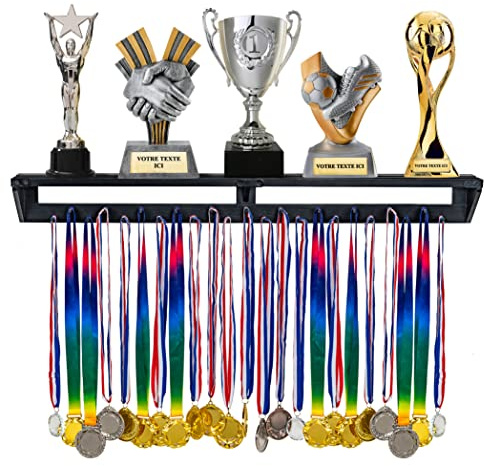 LAVIEVERT Gymnastik Medaillenaufhänger mit Ablage, Holz Wandmontage Trophäenregal Race Medaille Display Rack Halter mit 23 Hängestangen