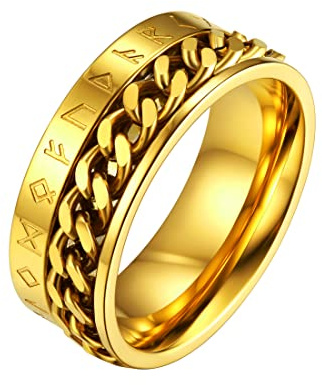 FaithHeart Anillo Dorado Giratorio Runas Acero Inoxidable 316L Hombre Talla 13 Anillo Hip Hop Anti-ansiedad Anillo Vikingo Amuleto Novio