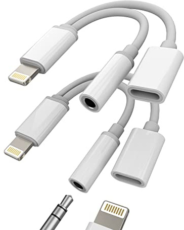 Iphone AUX Adapter Dongle for Headphone Jack Cable(2Pack)2 in 1 Lightning to 3.5mm Earbud Splitter for 11 12 13 14 Pro 7 8 Plus X XS Charger Cord Apple MFI Certified Audio Music Power Charge Converter