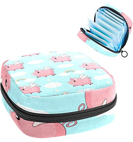 Perioden-Tasche, tragbare Tampon-Aufbewahrungstasche für Damenbinden, niedliche Cartoon-Pink-Schweine-Wolke, Mehrfarbig, 4.7x6.6x6.6 in/12x17x17 cm