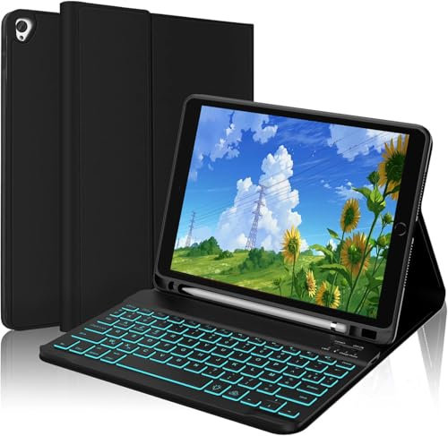 AVNICUD Étui Clavier pour iPad 10.2 (9ème/8ème/7ème Génération, Air 3, Pro 10.5) - Coque Clavier Bluetooth AZERTY Français avec 7 Rétroéclairages, Amovible, Fente pour Stylo, Noir