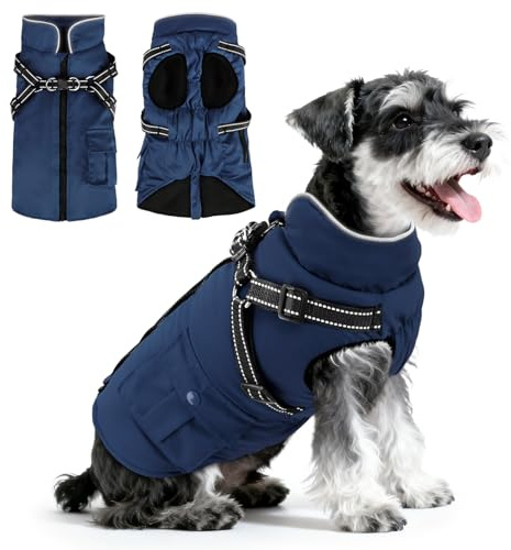 Woiil Hundemantel Hundejacke Wintermantel für Mittelgroße Hunde, Hundemantel Winter mit Geschirr, Hunde Wintermantel Ärmellose Baumwolle Gepolsterte Weste Wasserdicht Warme Reflektierend, Navyblau M
