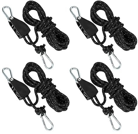 Lot de 4 poulies avec tendeur de câble, cliquet avec corde de 4 m, poulie de renvoi avec tendeur de tente, cordes de haubans avec frein à câble, convient pour camping, voile d'ombrage, tente