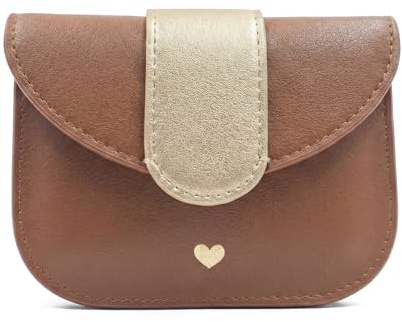 Manahia - Porte-Monnaie Camel Cœur Doré - Cadeau Original pour Femme | Petit portefeuille simili cuir vegan & compact | Cœur doré | Meilleure amie, Secret Santa, Anniversaire, Noël, Saint Valentin