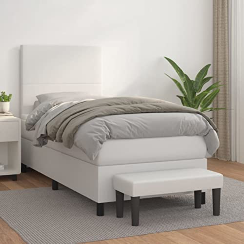 Tidyard Boxspringbett mit Matratze Jugendbett Polsterbett Bettgestell Gästebett Schlafzimmerbett Doppelbett/Einzelbett Balkenbett Bettrahmen mit Lattenrost Holzbett Bett Weiß 90x200 cm Kunstleder