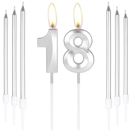 mciskin Silberfarbene Kerzen zum 18. Geburtstag, 3D-Zahl 18, Kerze für Kuchen mit 6 langen/dünnen Kerzen, silberfarbener Tortenaufsatz für Mädchen und Jungen, Dekoration zum 18. Hochzeitstag
