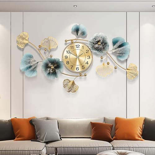 Axioglo Wall Clocks for Living Room Decor,Large Wall Clock,3D Creative Metal Ginkgo Leaf Design,with Silent Movement Wall Clocks for Home Wall Decor Clock（33x18）