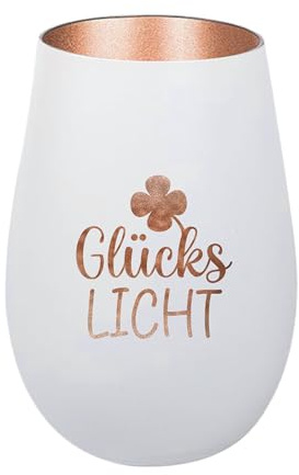 Der-Porzellan-Laden Windlicht mit Gravur GlücksLicht, Weiß Bronze | Teelichthalter aus Glas mit Spruch, Tischdeko modern