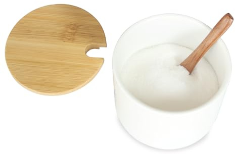 Bealuffe Salt Cellar Ceramic Container with Spoon Lid, Salt Holder Porcelain Jar Countertop Bowl for Salt Spice Sugar