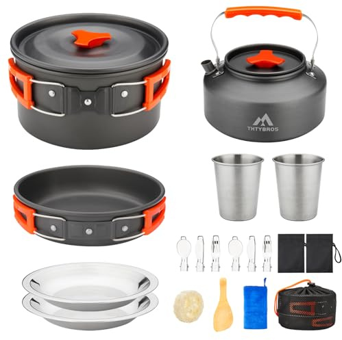 THTYBROS 17pcs Camping Cookware Kit, 0.45Gal Pot, 7inches Pan,0.30Gal Kettle Set with 2 Set Stainless Steel Cups Plates Forks Knives Spoons for Hiking,Camping,Backpacking,Outdoor Cooking and Picnic