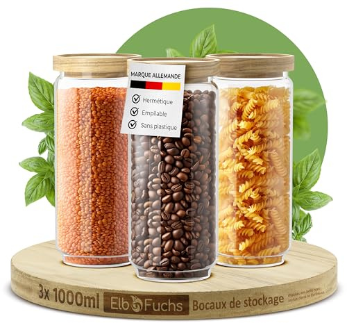 ElbFuchs Vorratsgläser mit Deckel luftdicht I 3x 1000ml I BPA-FREI & MOTTENSICHER I Vorratsdosen aus Borosilikatglas mit Holzdeckel I Aufbewahrungsgläser für Mehl, Kaffee, Zucker & Nudeln