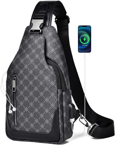 SUCIKORIO Bröstficka Herr Läder Vattentät Liten Axelväska Axelväska Herr Sling Crossbody Bag Med USB-gränssnitt Och Hörlursuttag Herrväska För Resor, Festivaler, Män, Svart