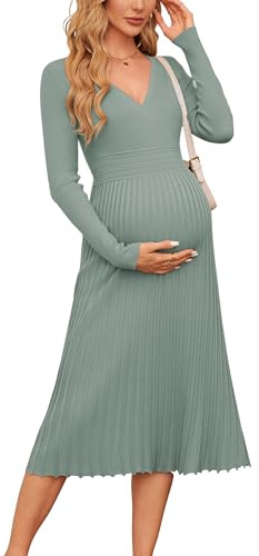 OUGES Dam 2024 höst graviditetströja klänning v-hals långärmad hög midja veckad midi-klänning baby shower klänning, Grågrönt, S