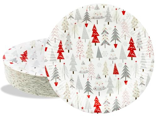 BFB Weihnachten Pappteller Set 23cm Partyteller 50 Stück Weiß Weihnachtsbäumen Papierteller Weihnachtsfeier Tischdekoration, Geschirrdekoration